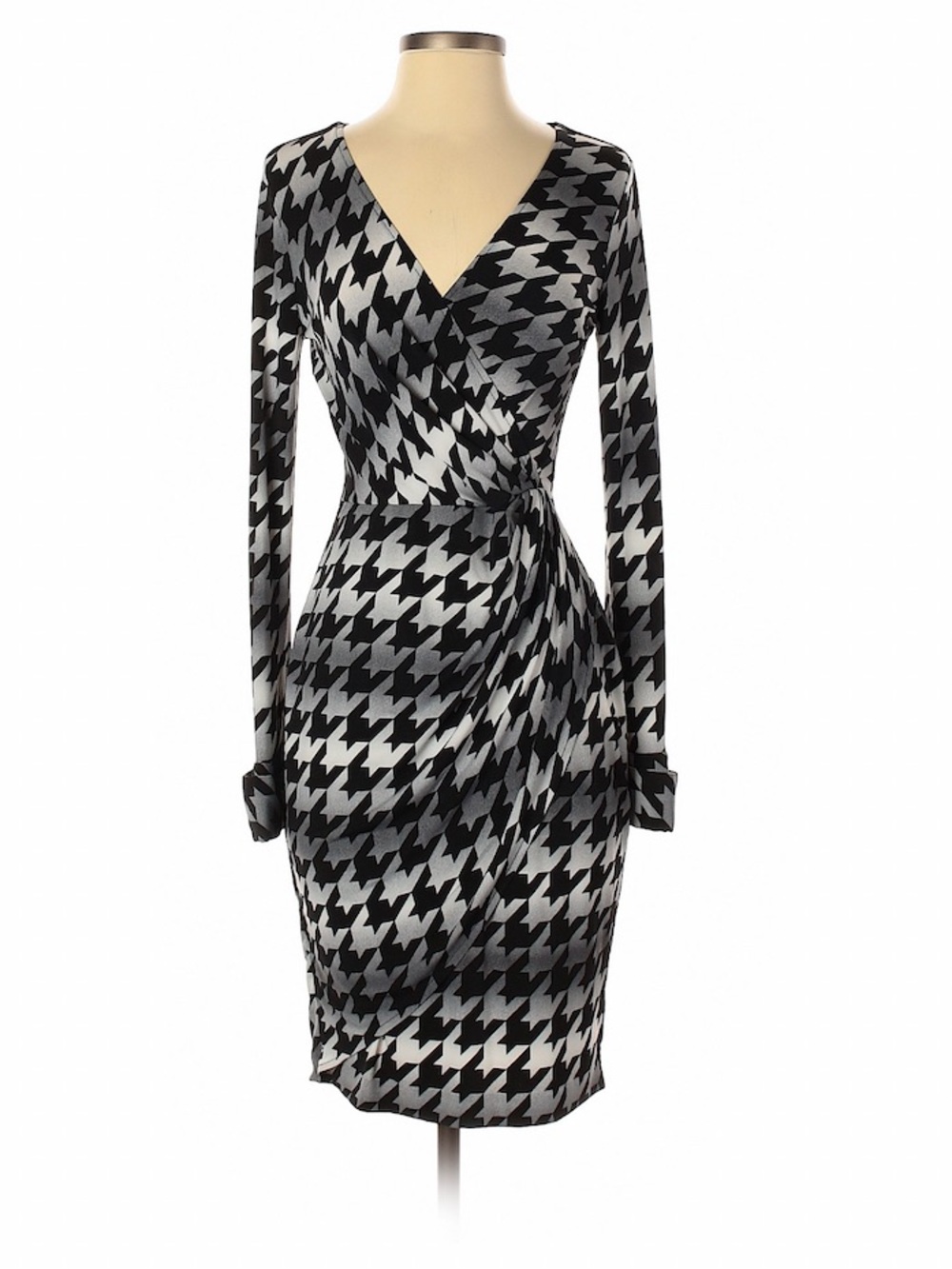 Cache Black & White Houndstooth Wrap-Style Long Sleeve Dress
